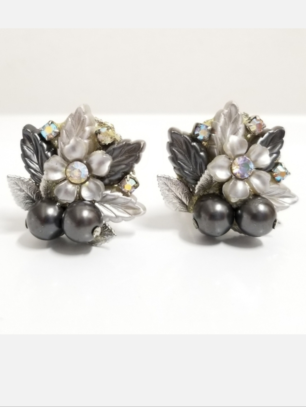 Beau Jewels Vintage Rhinestone & Faux Black Pearl Floral Clip Earrings